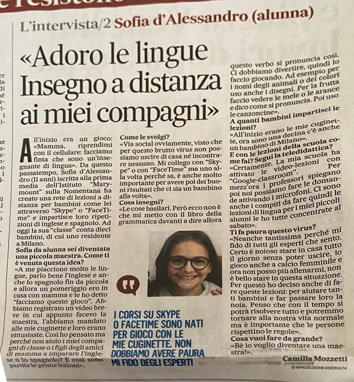 Sul Messaggero l’iniziativa della nostra alunna Sofia d’Alessandro